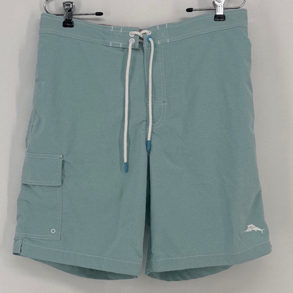 Tommy Bahama Mens Board Shorts M Light Teal Blue Marlin Logo Cargo Pockets